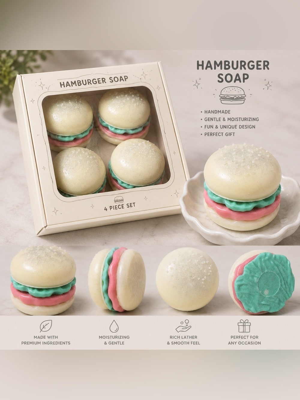 Vanilla rum SOAP HAMBURGER SET - 3x3” 10oz shea butter donkey milk based